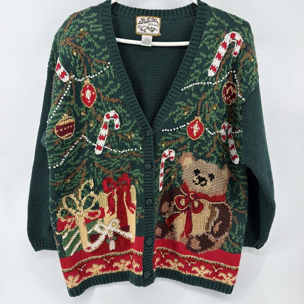Vintage Tiara International Christmas Bear Cardigan Sweater Women's Large Green